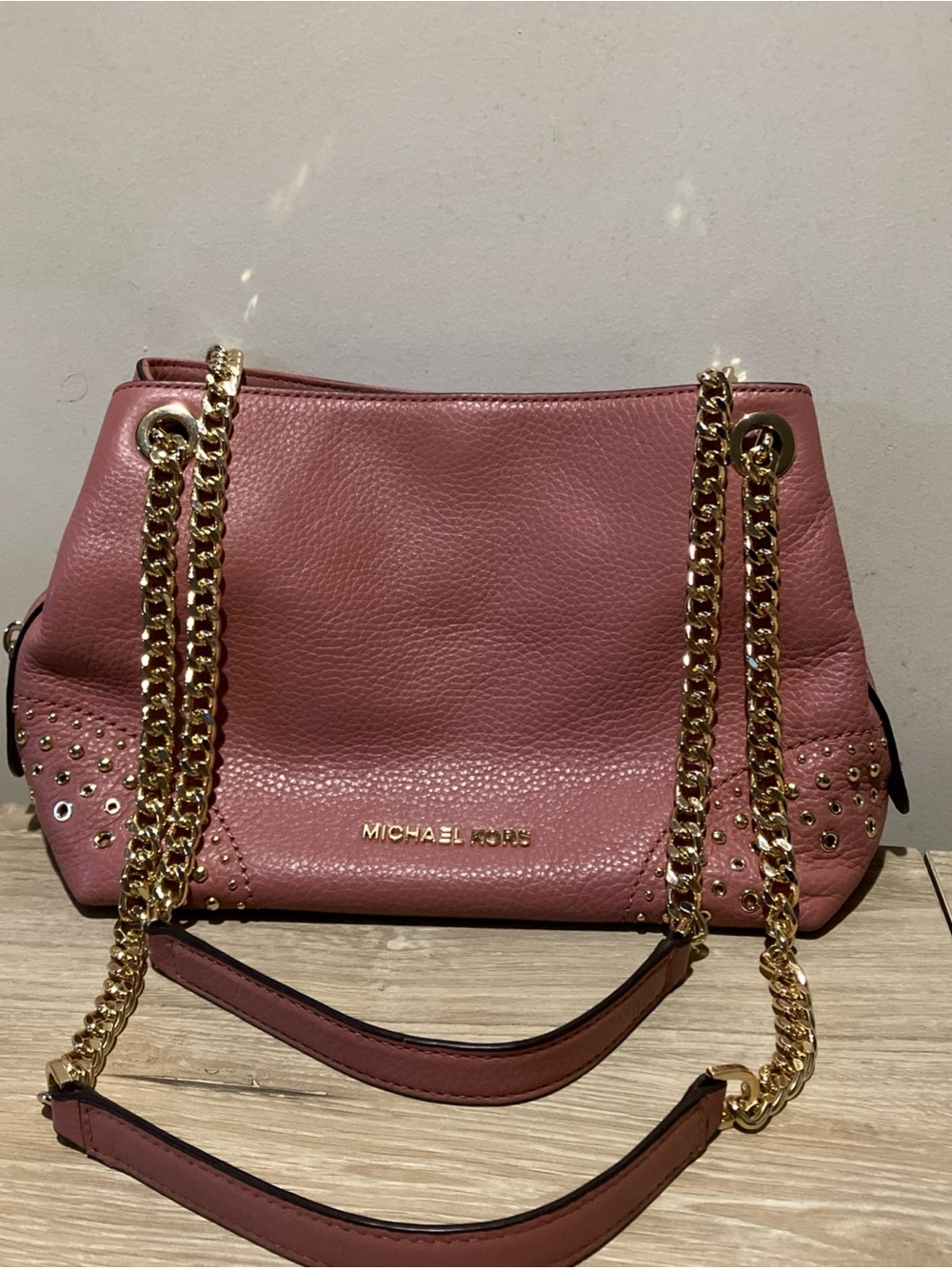 Michael Kors Rose Pink Pebbled Leather Shoulder Bag with Gold Chain